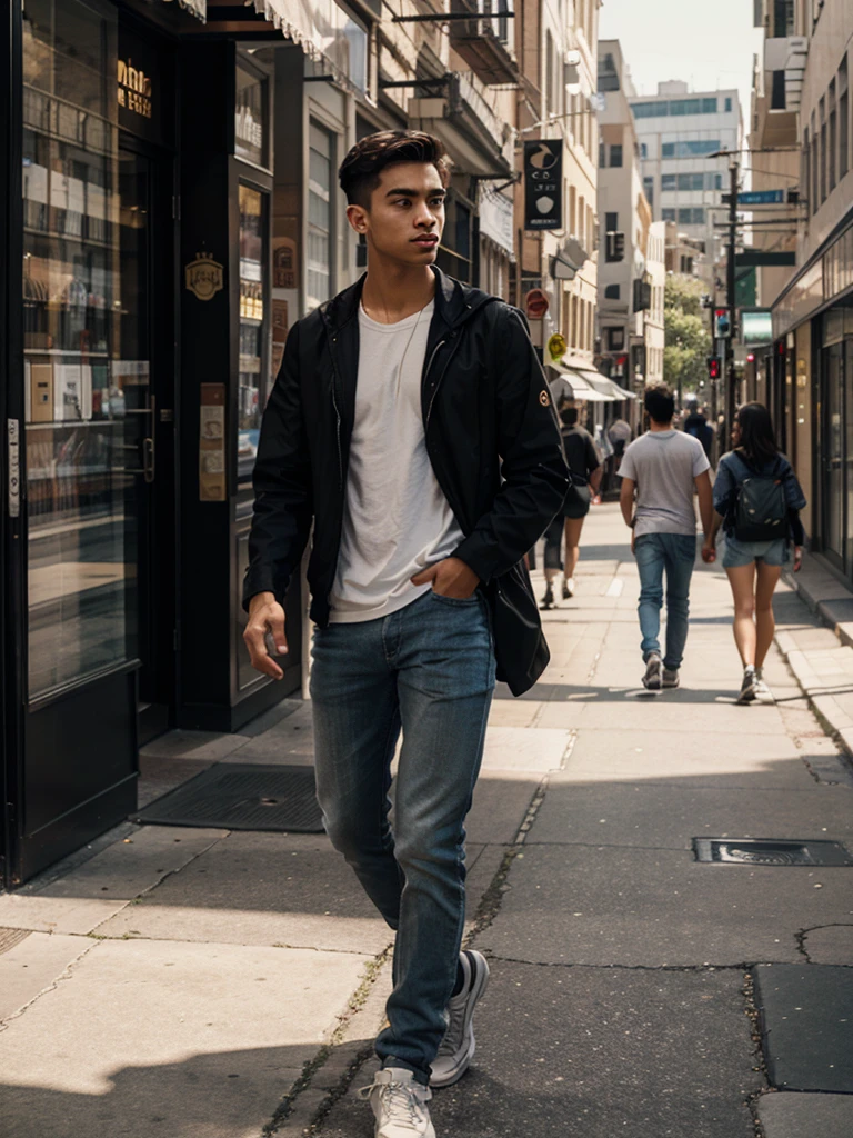 A young man walking through the city with Jesus.