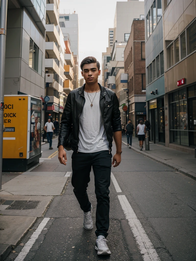 A young man walking through the city with Jesus.