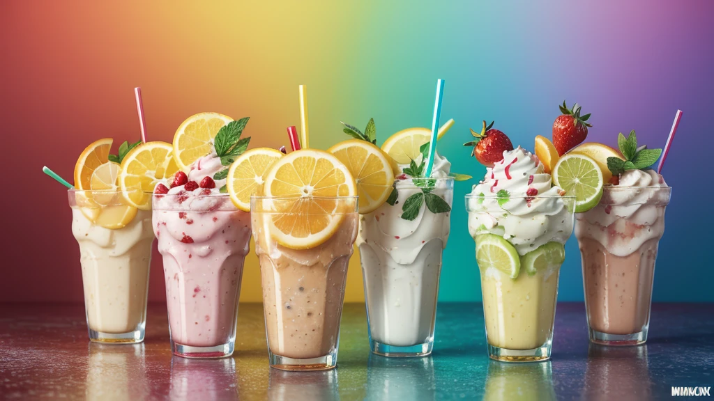 milkshake ice, vintage soda ICE splesh and mint and strawberries, cherries, crazy sliced caramels with gradient background of playmobil characters and giant logos wars and flags, lots of cool faces and powerful chrome metal details, sliced oranges and lemons hyper details Realistic neon liquid splendor highlighting the word """THIRSTFORDRINKS""" in superior 4k neon resolution