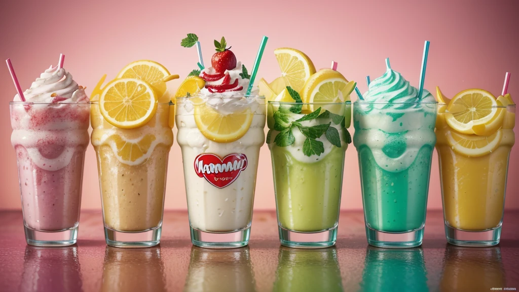 milkshake ice, vintage soda ICE splesh and mint and strawberries, cherries, crazy sliced caramels with gradient background of playmobil characters and giant logos wars and flags, lots of cool faces and powerful chrome metal details, sliced oranges and lemons hyper details Realistic neon liquid splendor highlighting the word """THIRSTFORDRINKS""" in superior 4k neon resolution