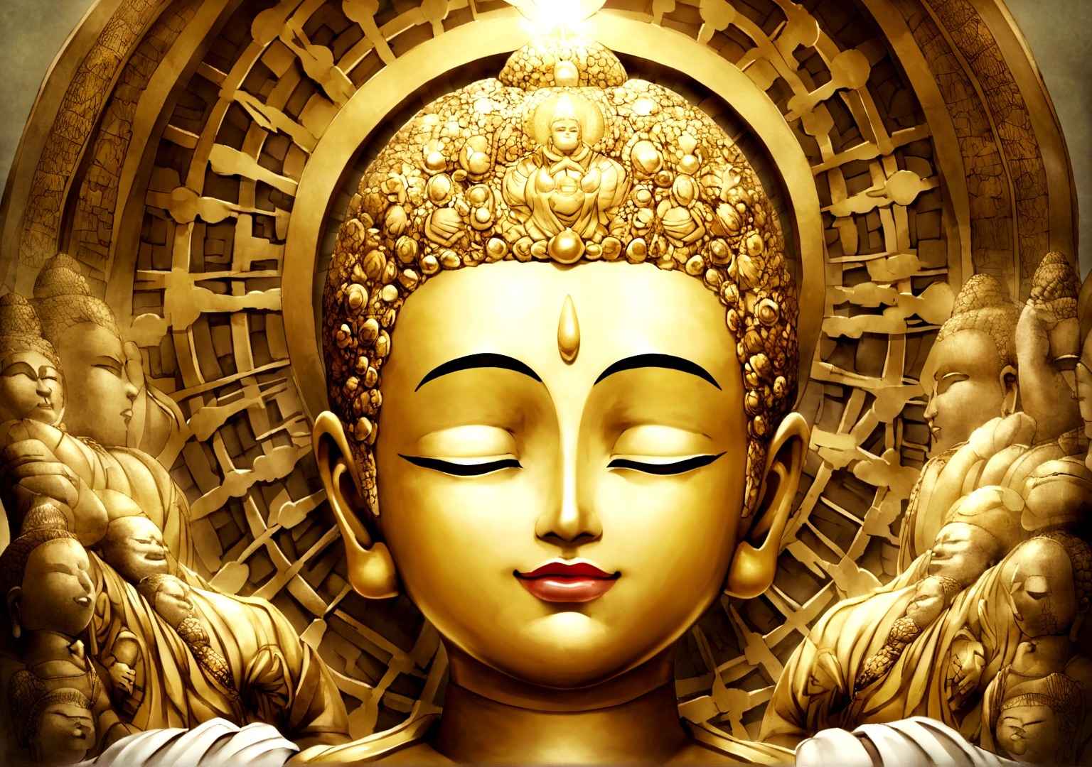 Close-up of Buddha、Buddha's face、Buddhism、Buddha、Great Buddha、god々Shii、Halo、The light shines、worship、Upper Body、worship