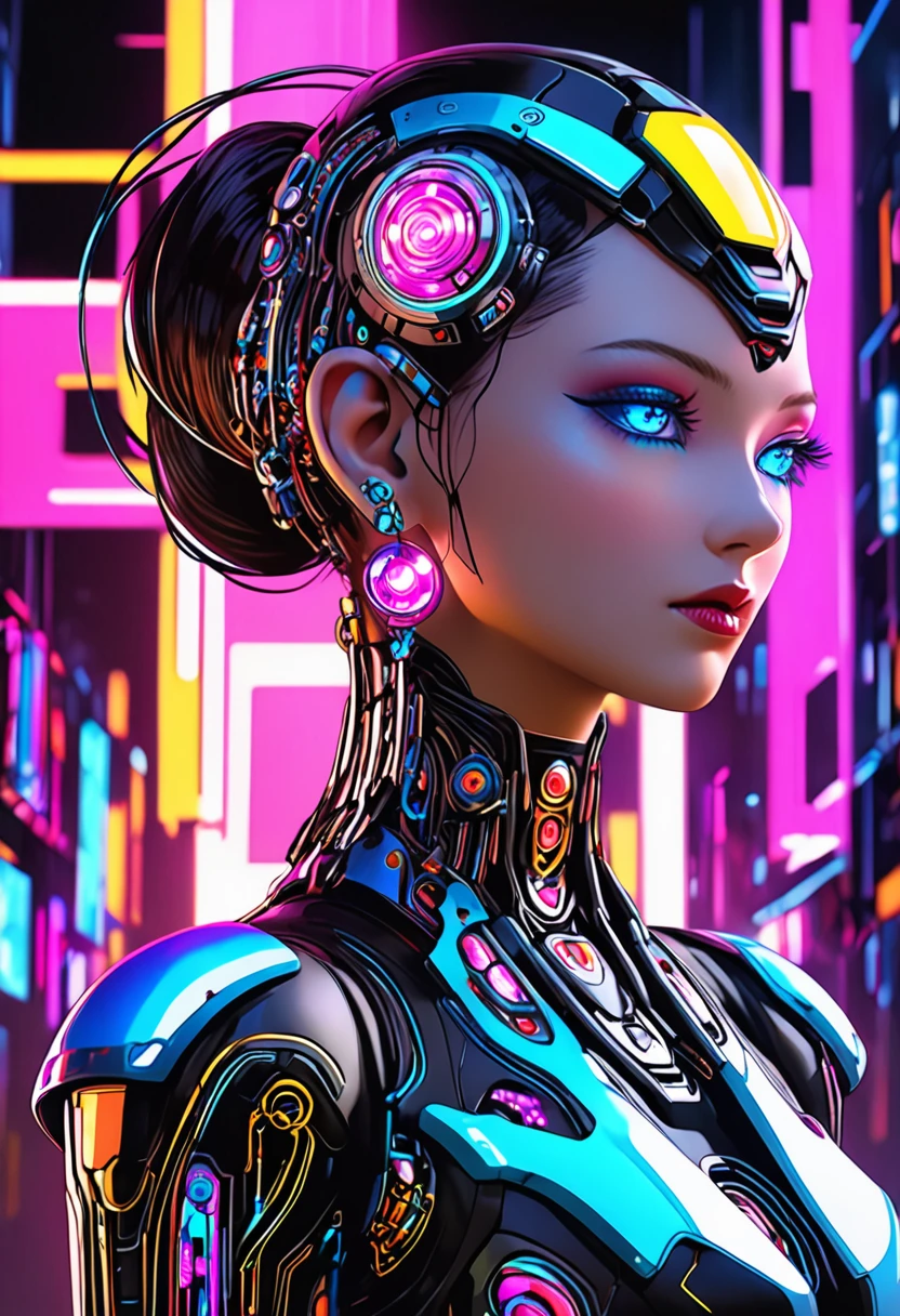 (best quality, highres:1.2), ultra-detailed, realistic, concept artist, portrait, vivid colors, studio lighting, laser lights, technology, futuristic, 3D rendering, electric glow, biomechanical, extravagant makeup, cyberpunk aesthetic, sparkling jewels, glowing tattoos, cybernetic enhancements, high-tech fashion, reflective surfaces, bionic limbs, advanced robotics, digital art, dystopian, post-apocalyptic, striking contrast, dynamic composition, immersive environment, sci-fi ambiance, colorful holograms, dark background, ethereal aura, translucent elements, neon grids, mind-blowing details, perfect symmetry, ornate accessories, glamorous diva, unconventional beauty, controlled chaos, mesmerizing gaze, alluring posture, confident presence, technological marvels, unique and enchanting.