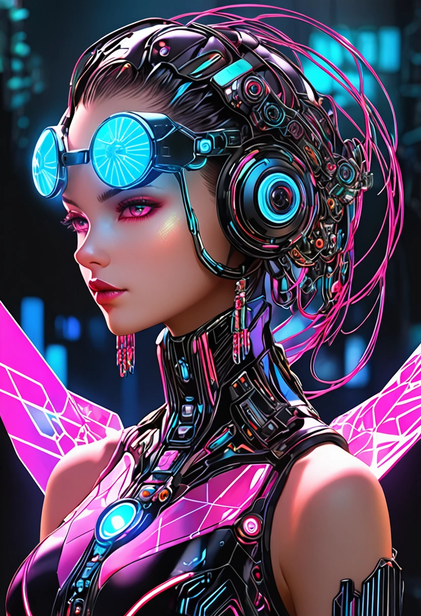 (best quality, highres:1.2), ultra-detailed, realistic, concept artist, portrait, vivid colors, studio lighting, laser lights, technology, futuristic, 3D rendering, electric glow, biomechanical, extravagant makeup, cyberpunk aesthetic, sparkling jewels, glowing tattoos, cybernetic enhancements, high-tech fashion, reflective surfaces, bionic limbs, advanced robotics, digital art, dystopian, post-apocalyptic, striking contrast, dynamic composition, immersive environment, sci-fi ambiance, colorful holograms, dark background, ethereal aura, translucent elements, neon grids, mind-blowing details, perfect symmetry, ornate accessories, glamorous diva, unconventional beauty, controlled chaos, mesmerizing gaze, alluring posture, confident presence, technological marvels, unique and enchanting.