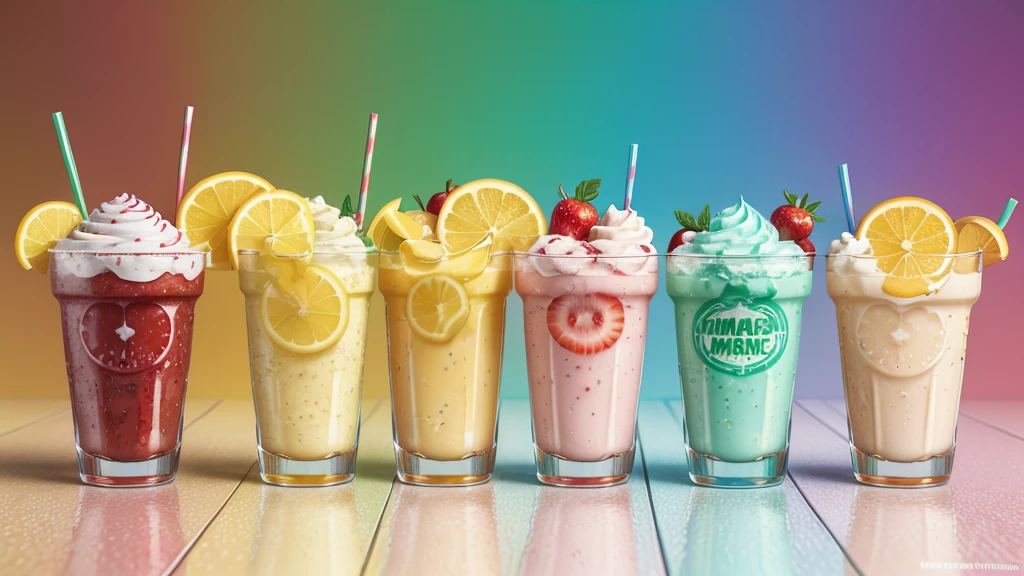 milkshake ice, vintage soda ICE splesh and mint and strawberries, cherries, crazy sliced ​​caramels with gradient background of playmobil characters and giant logos wars and flags, lots of cool faces and powerful chrome metal details, sliced ​​oranges and lemons hyper details Realistic neon liquid splendor highlighting the word """THIRSTFORDRINKS""" in superior 4k neon resolution