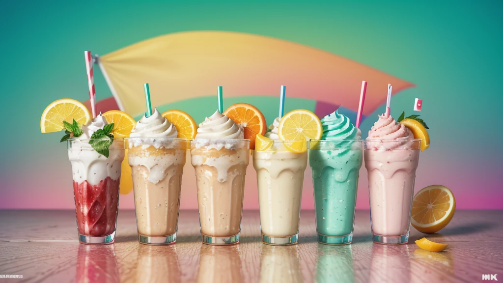 milkshake ice, vintage soda ICE splesh and mint and strawberries, cherries, crazy sliced caramels with gradient background of playmobil characters and giant logos wars and flags, lots of cool faces and powerful chrome metal details, sliced oranges and lemons hyper details Realistic neon liquid splendor highlighting the word """THIRSTFORDRINKS""" in superior 4k neon resolution