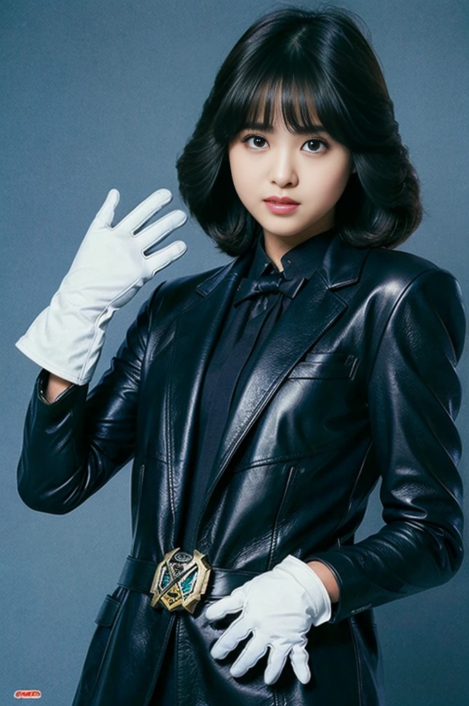 (Raw photo:1.2), Beautiful woman, High resolution, Highest quality, ((Black Leather Kamen Rider Suit)、(White gloves)