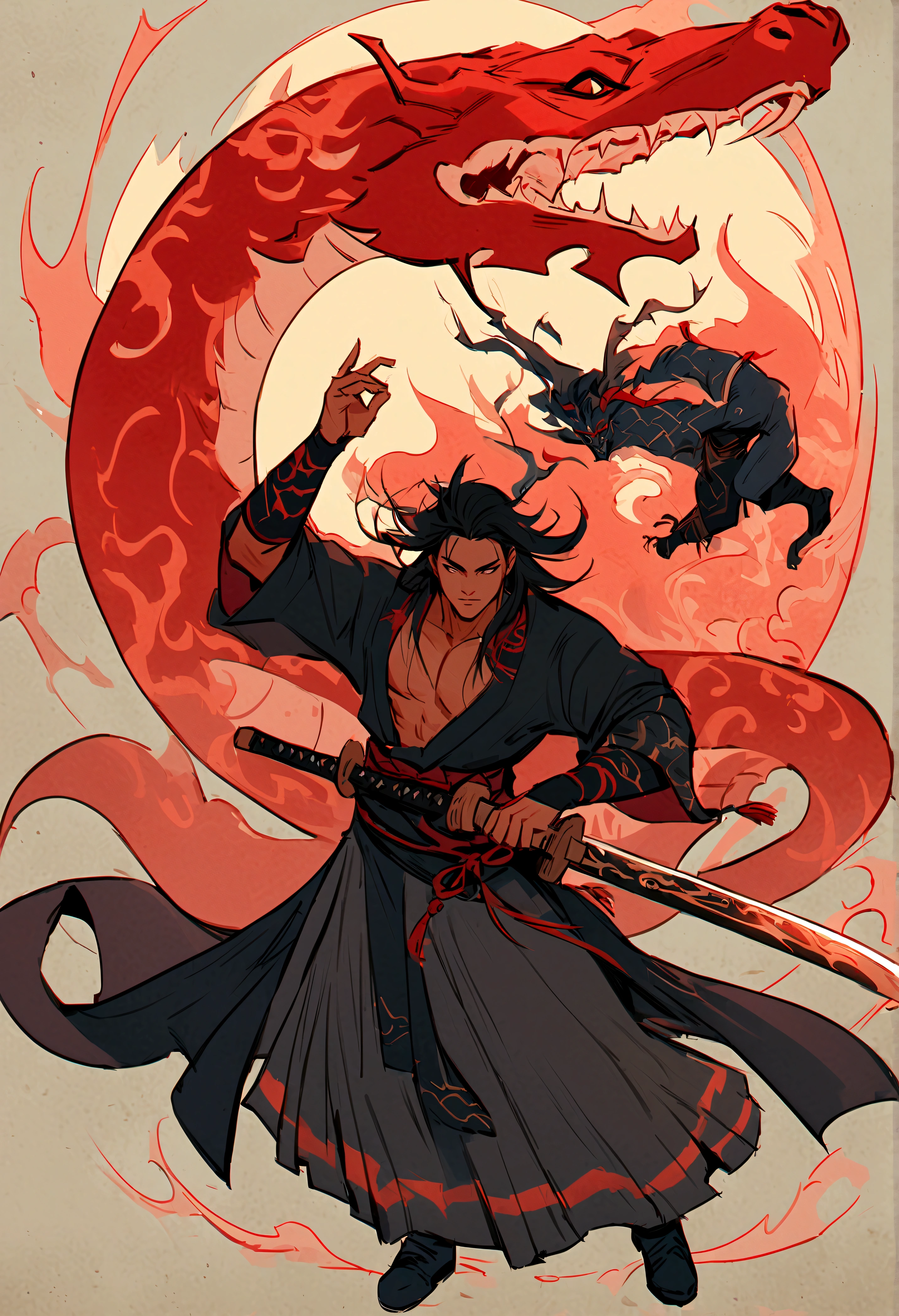 a drawing of a man with a sword and a demon, beautiful male god of death, mohrbacher, Inspired by Shunkōsai Hokushū, in the art style of mohrbacher, asura from chinese myth, the god of chaos, inspired by Ryūkōsai Jokei, in style of peter mohrbacher