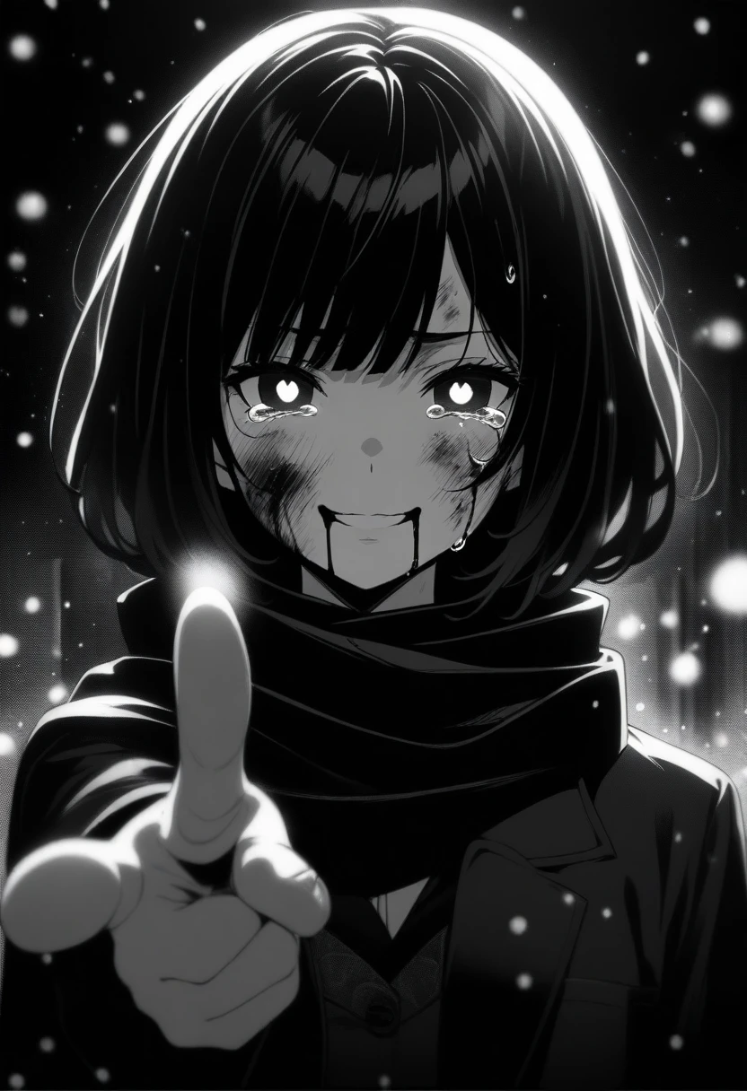 masterpiece, best quality, 1girl, momose_(oqo) official art, misaki kurehito official art, grayscale, manga style, japanese, chi no wadachi, black eyes, glowing white pupils, street, iced, black hair, schoolbag, smile, crying, tears, tears streaming, blood, blood_from_mouth, bruise, nosebleed, lineart, face against the ground, looking at viewer, blood on face, black coat, black scarf, 35 years old, mature_female:1, tall, fair skinned, bokeh background, streaming, bob cut, light particles, centered, snowing, emotional anime scene, (very aesthetic, best quality, ultra detailed), intricate details, red and blue lights flashing, camera glare, finger_gun, pointing at viewer
