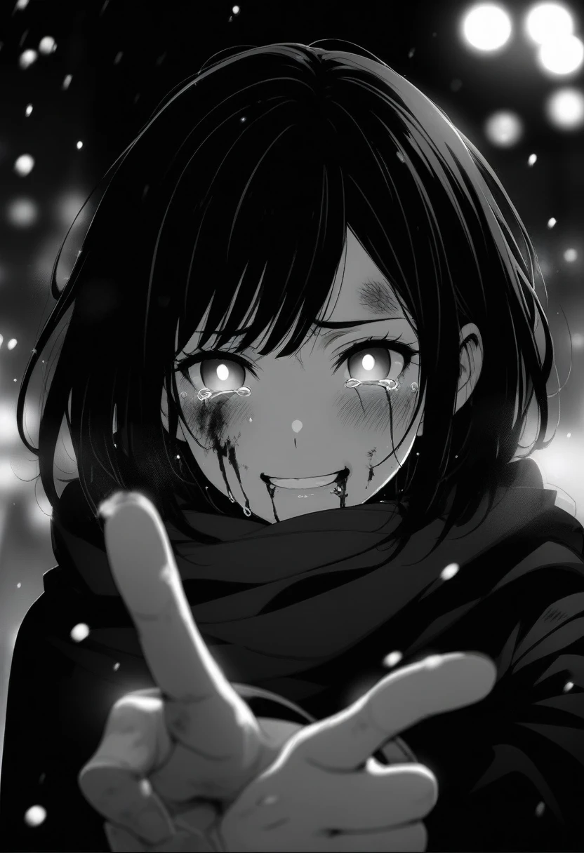 masterpiece, best quality, 1girl, momose_(oqo) official art, misaki kurehito official art, grayscale, manga style, japanese, chi no wadachi, black eyes, glowing white pupils, street, iced, black hair, schoolbag, smile, crying, tears, tears streaming, blood, blood_from_mouth, bruise, nosebleed, lineart, face against the ground, looking at viewer, blood on face, black coat, black scarf, 35 years old, mature_female:1, tall, fair skinned, bokeh background, streaming, bob cut, light particles, centered, snowing, emotional anime scene, (very aesthetic, best quality, ultra detailed), intricate details, red and blue lights flashing, camera glare, finger_gun, pointing at viewer