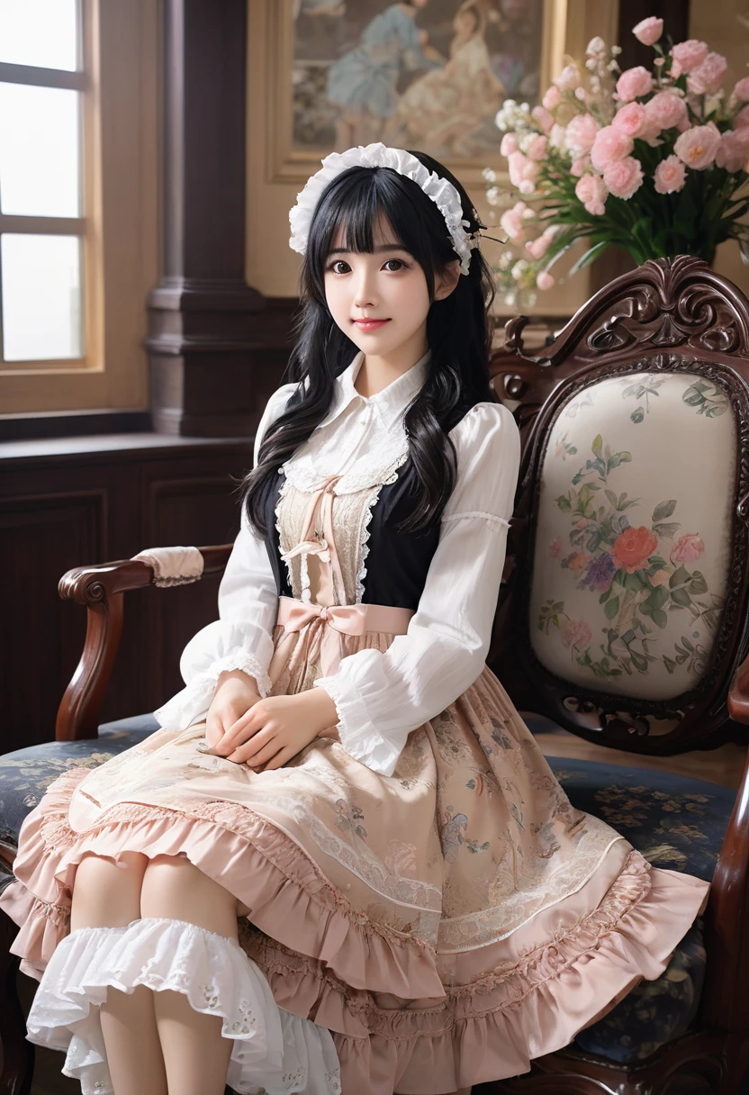 very cute and beautiful girl,(Very detailed美しい顔),
(smile),blush,Black Hair,View your viewers,(Brown ta dress with a floral pattern and fine frills),Fine lace,
Sitting,(Spread your legs),Put your arms behind your back,(White panties),
altar,church,indoor,
(Highest quality,masterpiece:1.2),Absurd,High resolution,Super detailed,Very detailed,32k,8K resolution,
Intricate details,Movie Scenes,Detailed Background,alone,Dynamic Angle,