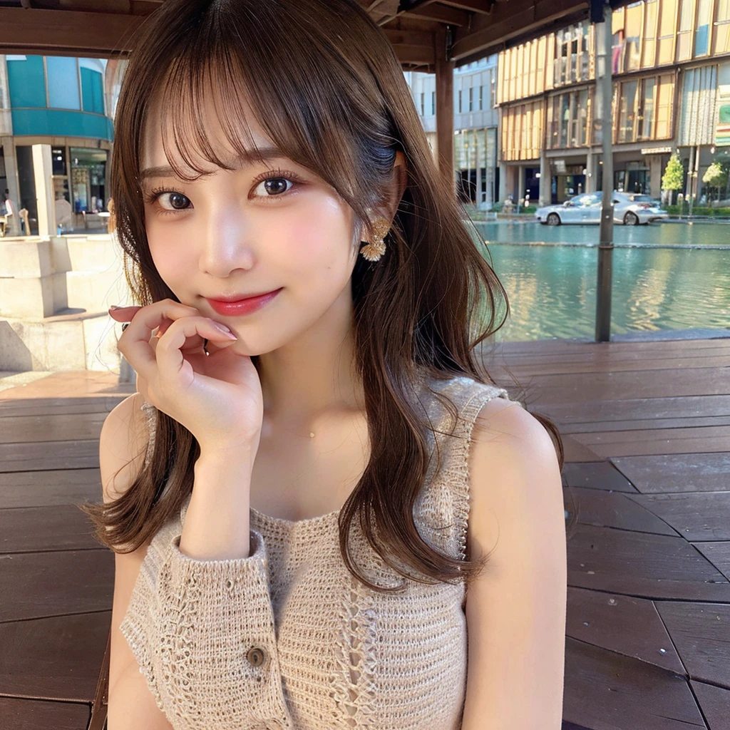 タートルネックのSleevelessセーターを着た日本女性、 (((masterpiece))), ((Highest quality)), ((Intricate details)), (((超Realistic)), irrational solution, The Law of Perspective, Very detailed, Realistic, 1 Girl, ((Big Breasts)), Perfect hands, Finger details, Beautiful and beautiful eyes, Brown eyes,(Sleeveless:1.2),, Detailed Background,, Perfect Eyes, Captivating eyes,  (((from the front)))、Laughter、Moles around the mouth、Knit dress、Bust up shot
