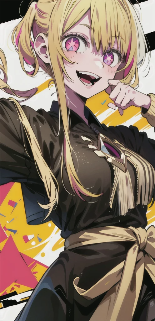 original character , 1girl, (crazy smile:1.2) , blonde hair , bangs , crazy eyes , hands on face , yellow blood splatter on face , yellow and black color scheme, open mouth, (wide-eyed:1.2), glowing eyes, left star shaped eye, star shaped eye, pink eyes, pink eyes