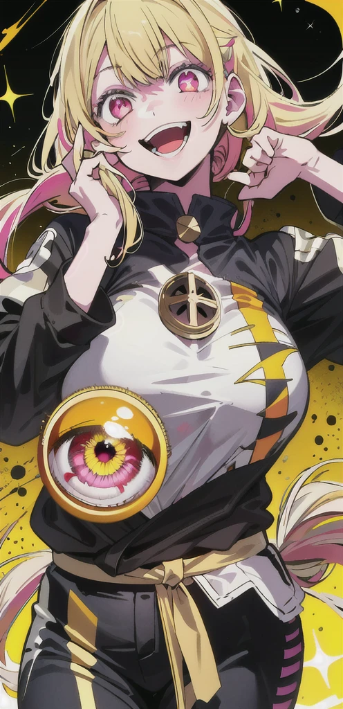original character , 1girl, (crazy smile:1.2) , blonde hair , bangs , crazy eyes , hands on face , yellow blood splatter on face , yellow and black color scheme, open mouth, (wide-eyed:1.2), glowing eyes, left star shaped eye, star shaped eye, pink eyes, pink eyes