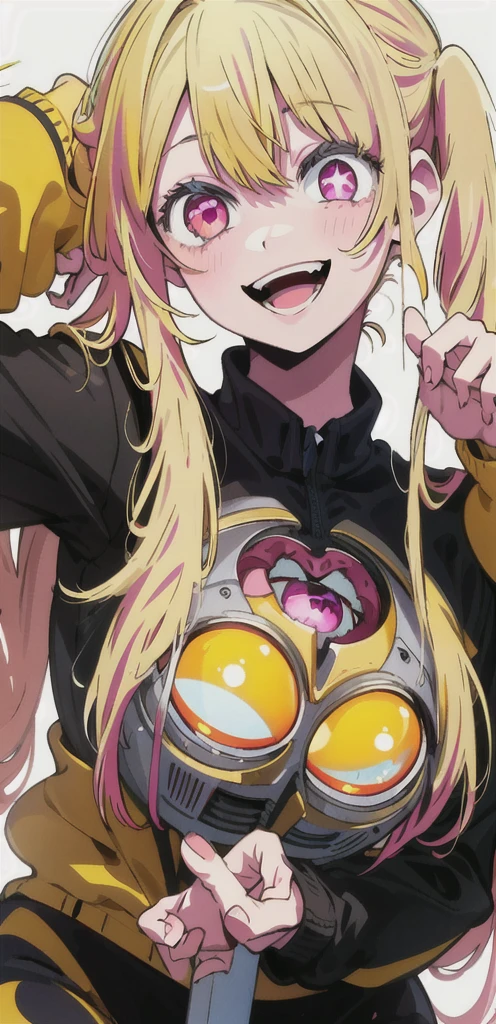 original character , 1girl, (crazy smile:1.2) , blonde hair , bangs , crazy eyes , hands on face , yellow blood splatter on face , yellow and black color scheme, open mouth, (wide-eyed:1.2), glowing eyes, left star shaped eye, star shaped eye, pink eyes, pink eyes