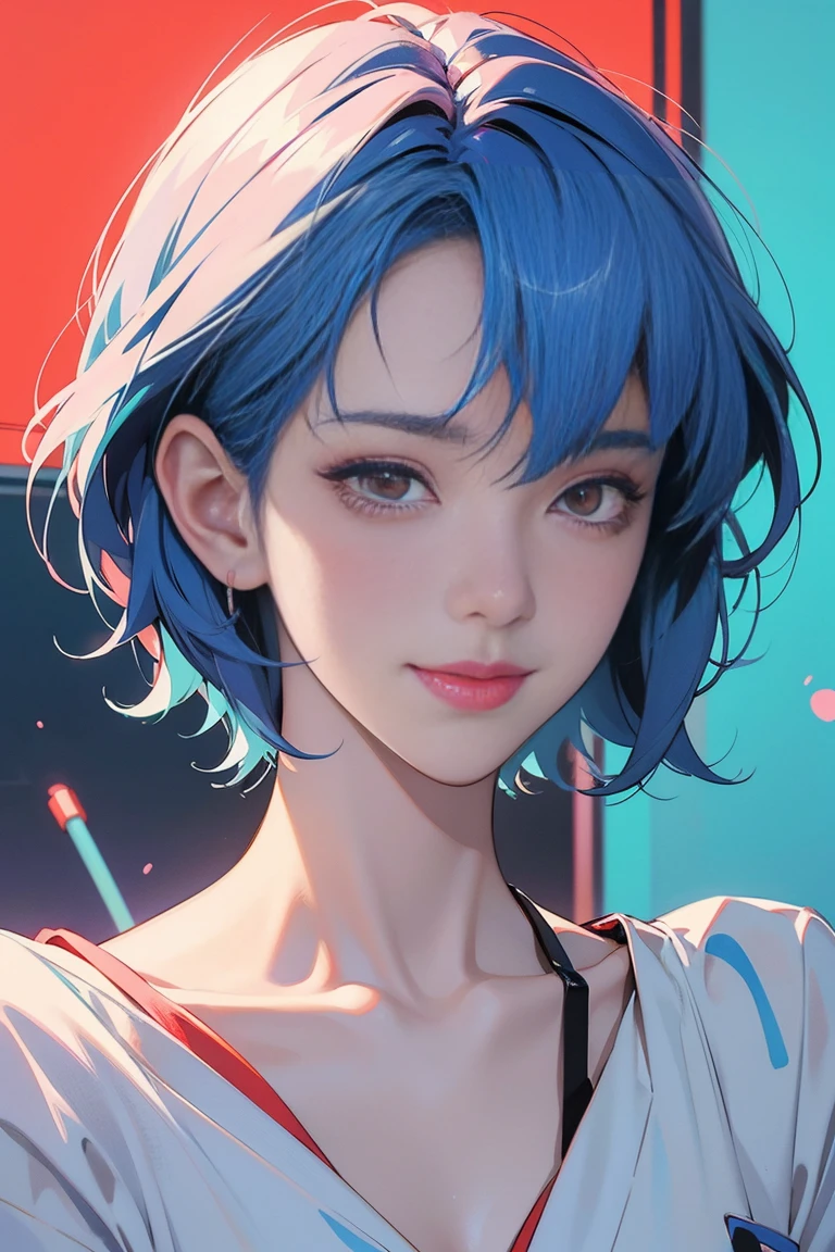 A masterpiece portrait of smiling Rei Ayanami (Evangelion), Evangelion (Hideaki), Caustics, High resolution illustrations, Red eyes, feminine, No students, Blue Hair, short hair, Japanese , loafers, Spank, Synthwave, paint Splashs, Shaded flat illustration, Digital Art, Trending on Art Station, Very detailed, The finer details, Complex, Splash, Overtake, Vaporware, Neon color