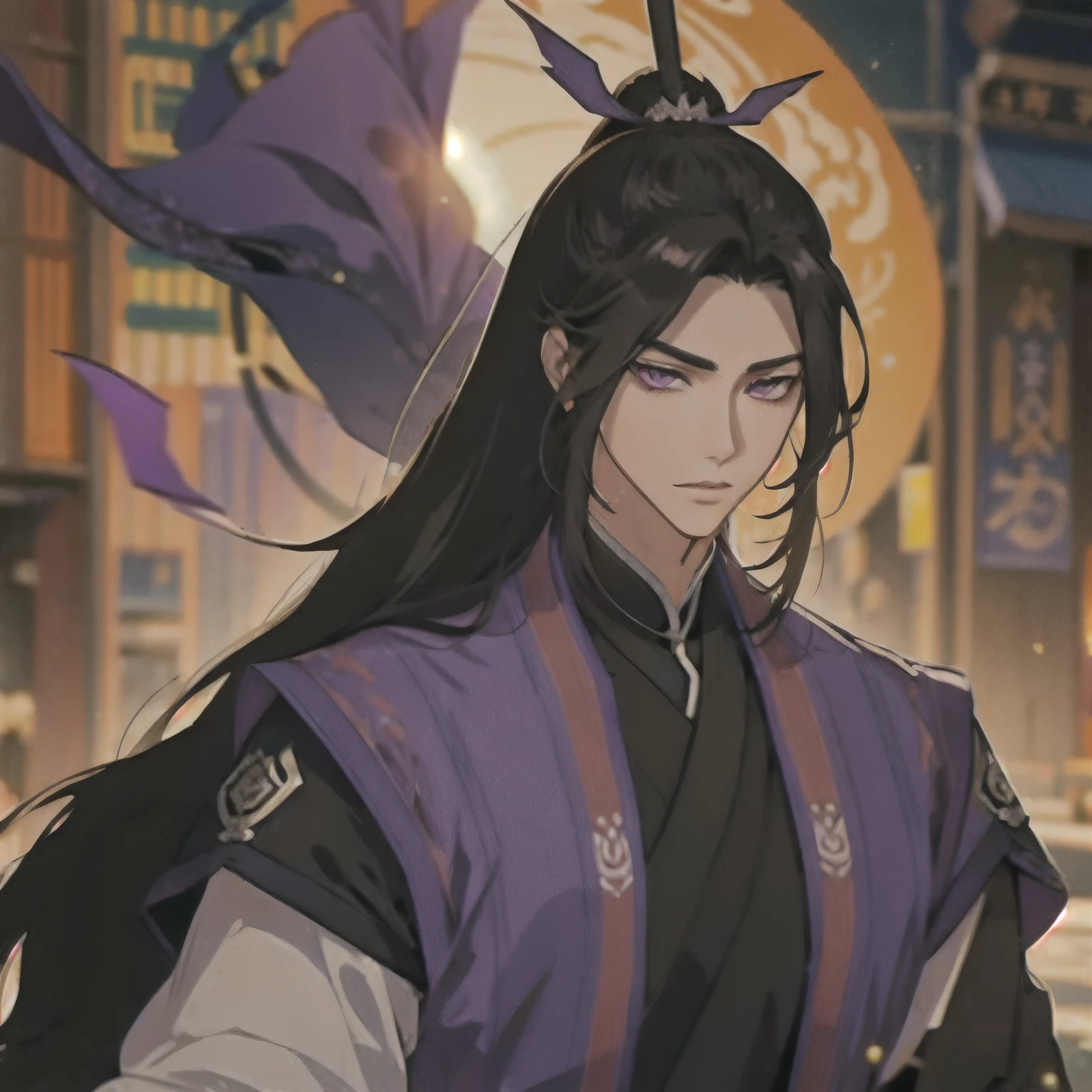 (masterpiece, best quality:1.2), 1male, solo, jiang cheng, mo dao zu shi, mdzs, purple and black clothes, purple eyes, long black hair, perfect anatomy