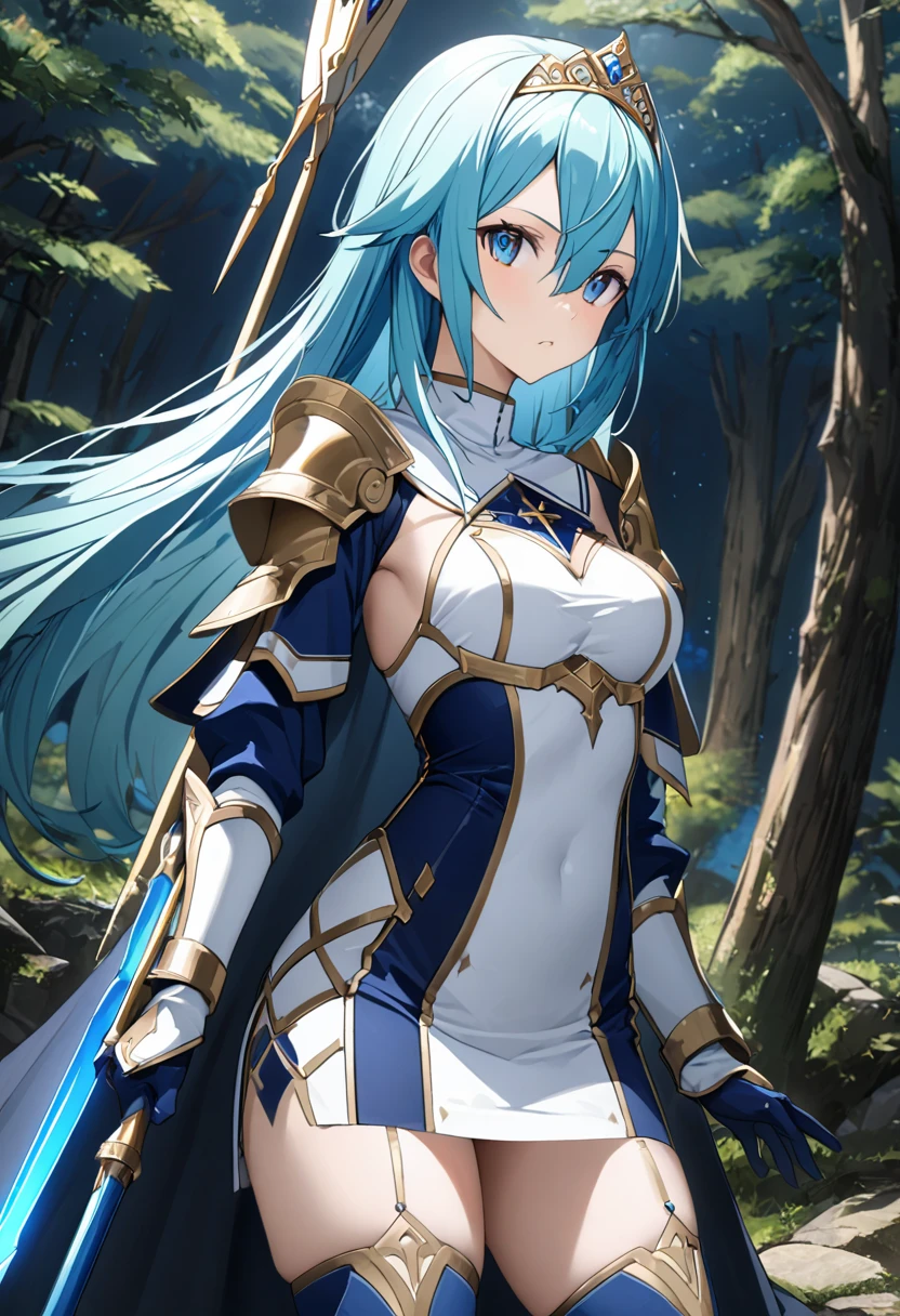 Highest quality、unity 8k wallpaper、32k、masterpiece、Very detailed、Ultra-high resolution、Very detailedな顔, RAW Photos, Professional, Ultra-fine painting、sinon、Midnight blue long straight hair、Platinum tiara with blue gemstones、Blue Nun Cape、Red Eyes、(Tree Eyes), Cool and sharp features, hime cut, 20～A female magical warrior, about 24 years old.、White and gold breastplate、Blue and white leotard、(((Blue and white gold-embellished long pencil skirt with side armor and long slits)))、Half puff sleeves with shoulder pads、A large white ribbon with a large sapphire on the chest、White and blue long gloves、(((White and blue thigh-high stiletto boots:1.0)))、whole body、He has a spear with a glowing blue blade,