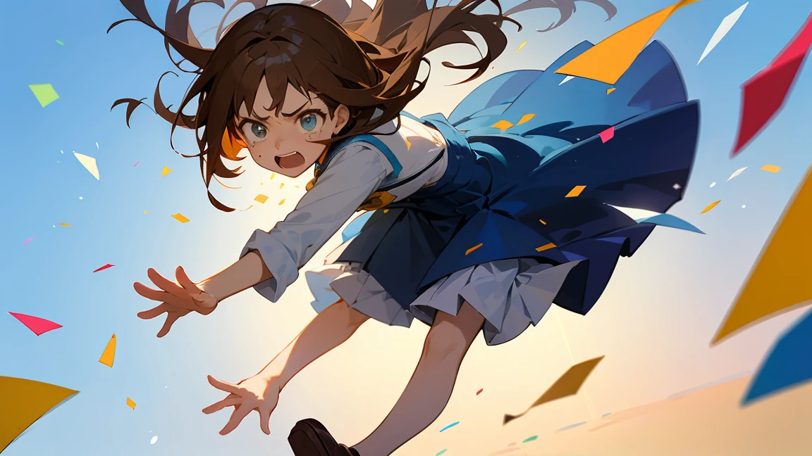 ((Highest quality)), ((masterpiece)), ((Very detailed)),Floatingする女の子,Angry expression,floating,Floating,Confetti,Brown Hair,tears,Levitating,Blue sky background,Feet in the air,tears,gravity,Long skirt,loafers,Raise both hands