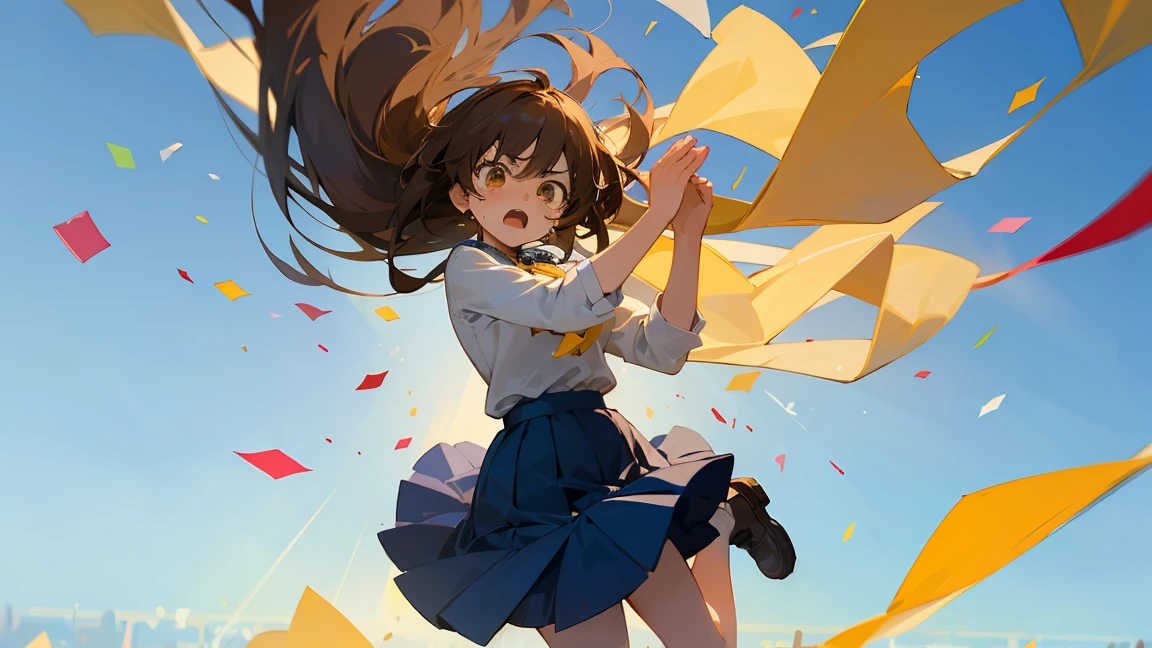 ((Highest quality)), ((masterpiece)), ((Very detailed)),Floatingする女の子,Angry expression，floating，Floating，Confetti，Brown Hair,tears,Levitating,Blue sky background,Feet in the air,tears,gravity,Long skirt,loafers,Raise both hands