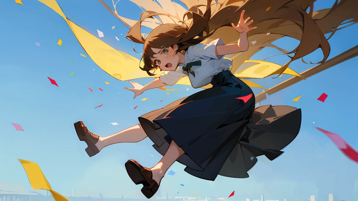 ((Highest quality)), ((masterpiece)), ((Very detailed)),Floatingする女の子,Angry expression,floating,Floating,Confetti,Brown Hair,tears,Levitating,Blue sky background,Feet in the air,tears,gravity,Long skirt,loafers,Raise both hands
