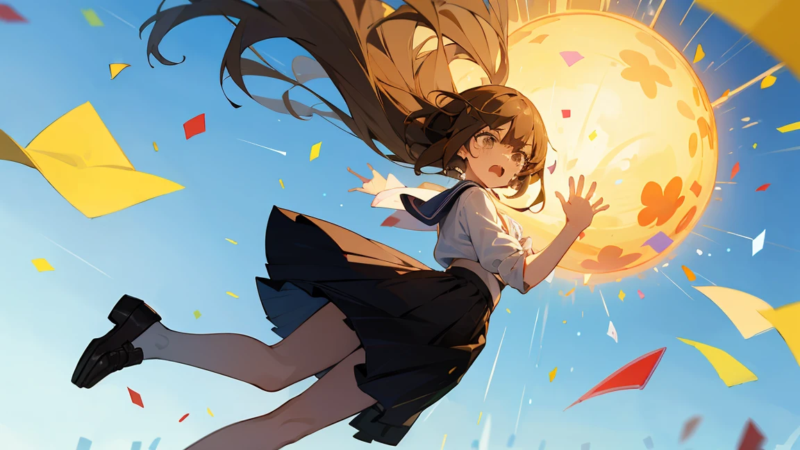 ((Highest quality)), ((masterpiece)), ((Very detailed)),Floatingする女の子,Angry expression，floating，Floating，Confetti，Brown Hair,tears,Levitating,Blue sky background,Feet in the air,tears,gravity,Long skirt,loafers,Raise both hands