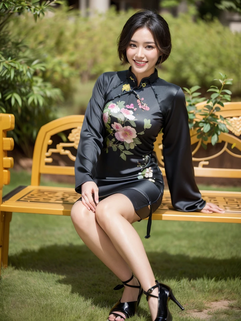 最high quality, 8K, Masseter area, Energetic, Clear focus, high quality, high resolution, Delicate face, Fine particles, thick lips, (Looking at the audience), Solitary, Beautiful woman, 38 years old, Plum, Black short hair,  (New Chinese cheongsam:1.5), afternoon、In front of the park garden,（Sitting on a bench：1.5）、((Smile:1.5))、((Wearing black high heels))