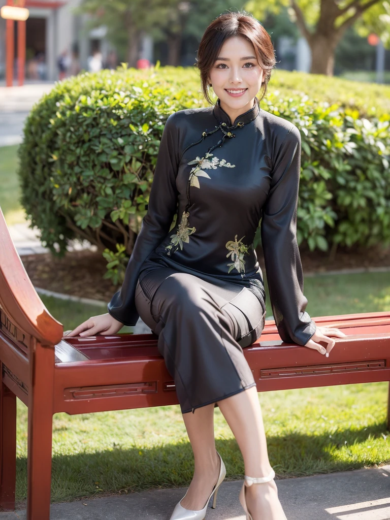 最high quality, 8K, Masseter area, Energetic, Clear focus, high quality, high resolution, Delicate face, Fine particles, thick lips, (Looking at the audience), Solitary, Beautiful woman, 38 years old, Plum, Black short hair,  (New Chinese cheongsam:1.5), afternoon、In front of the park garden,（Sitting on a bench：1.5）、((Smile:1.5))、((Wearing black high heels))