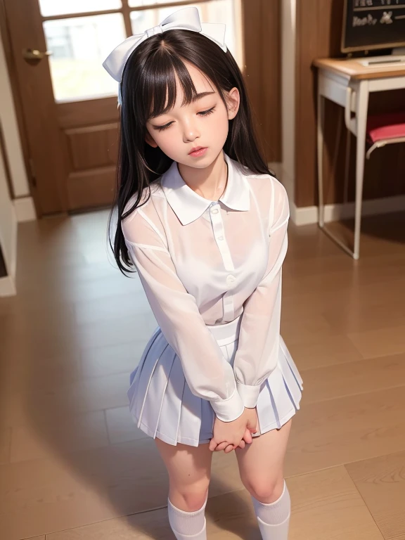 (masterpiece、Highest quality:1.7)、(13 years old:1.5)、(Above-the-knee shot from below:1.5)、Bobcut、Black Hair、85mm、16K、Official Art、RAW Photos、Best Beautiful Faces、Close-up、Violet、Gardenia、The best beautiful girl、very cute、Red blush on cheeks、indoor、(Are standing:1.8)、Film Grain、Chromatic Aberration、Sharp Focus、(((Nice hands、Perfect hands、Perfect Fingers、Thin and delicate fingers、A perfect body without flaws)))、Detailed face、(Slender body:1.5)、(Slender body:1.4)、(Slim upper body:1.4)、(Small breasts:1.8)、(Let your bangs hang down:1.8)、(Blushing:1.8)、(Low contrast lighting:1.2)、(White tight business blouse with collar:1.5)、(White bow tie blouse:1.4)、(Long sleeve: 1.3)、(White pleated mini skirt:1.5)、(White School Socks:1.5)、(Eyes closed:1.5)、(Hold your crotch with both hands:1.5)、(Huge load of cum on skirt and thighs:1.4)