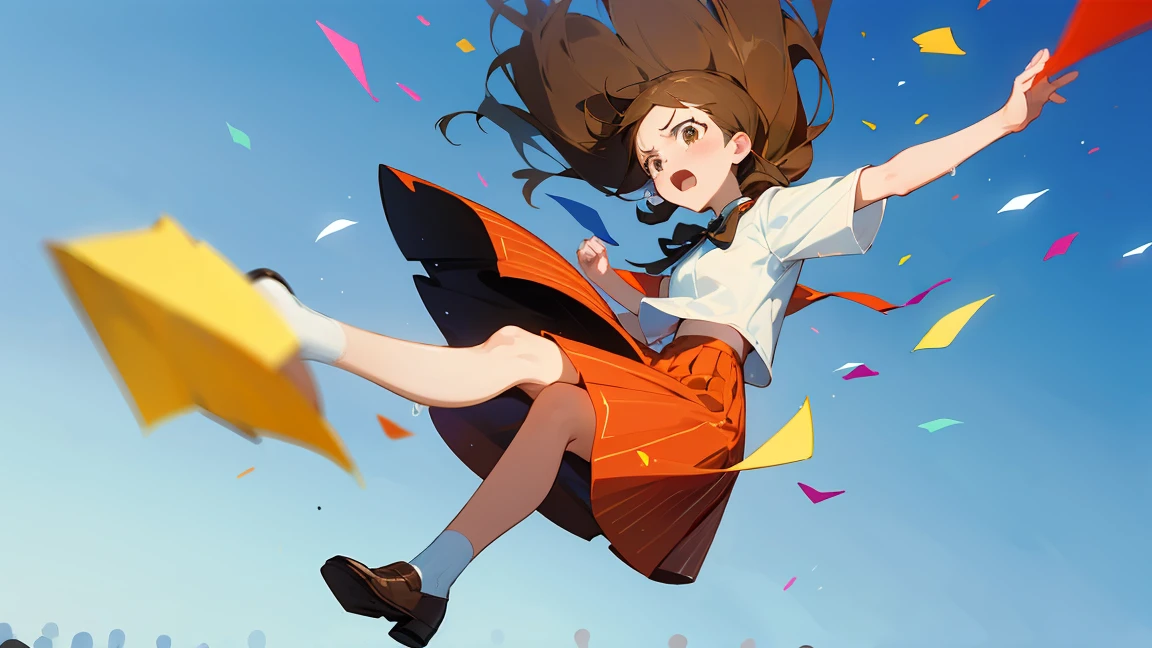 ((Highest quality)), ((masterpiece)), ((Very detailed)),Floatingする女の子,Angry expression，floating，Floating，Confetti，Brown Hair,tears,Levitating,Blue sky background,Feet in the air,tears,gravity,Long skirt,loafers,Raise both hands