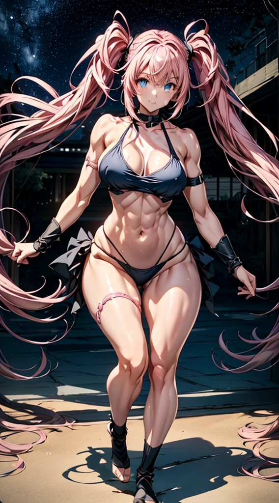 1 girl, (medium breasts))) (((big-ass))), (((wearing a short bikini))), (long pink hair), (((blue colored eyes))), (on the beach at night with starry sky and full blood moon), (Waist slender), (Big butts), (thin, muscular legs), muscular belly, bare feet, (Stand Up), twintails, glare eyes, Eye reflex, humor, アニメ , estilo アニメ, ray tracing, Glow Up, projected shadow, panorama, Sony FE, 8K, UDisk, piece of master, precise, anatomically correcte, super detaill, best qualityer, ultra high-resolution, Hard disk, 16K