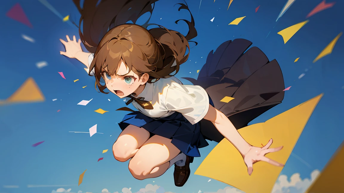 ((Highest quality)), ((masterpiece)), ((Very detailed)),Floatingする女の子,Angry expression,floating,Floating,Confetti,Brown Hair,tears,Levitating,Blue sky background,Feet in the air,tears,gravity,Long skirt,loafers,Raise both hands