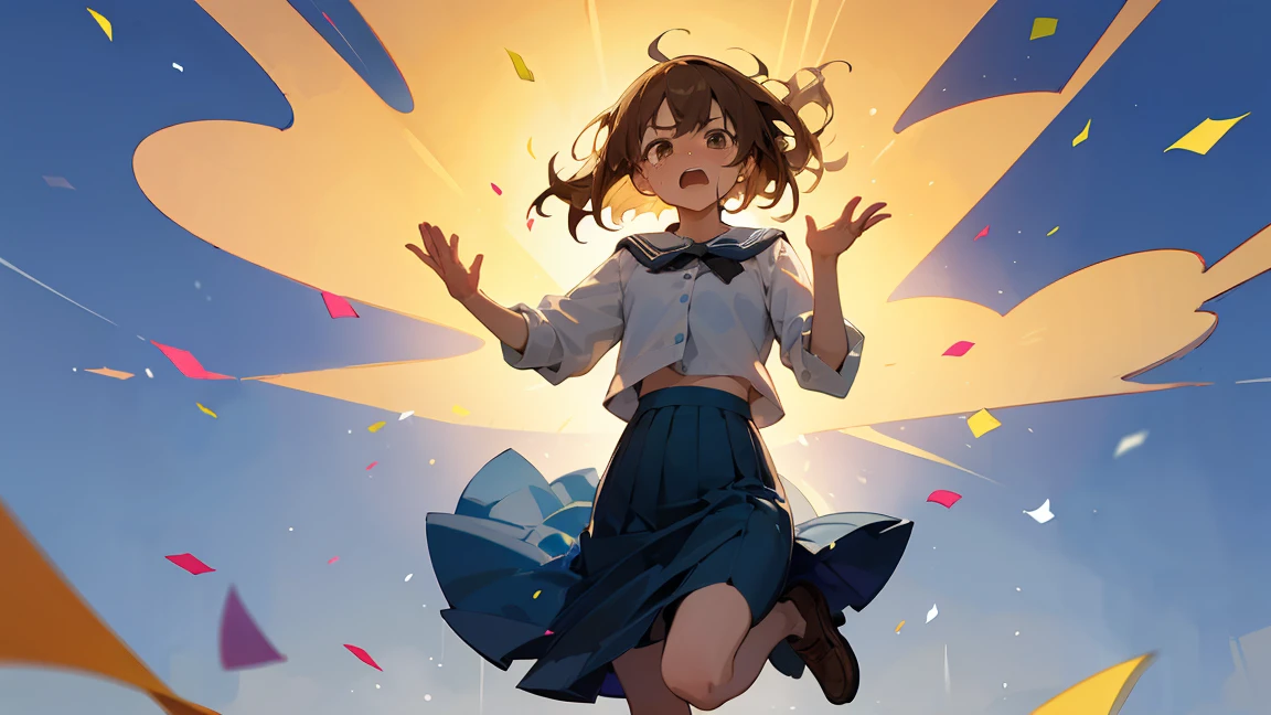 ((Highest quality)), ((masterpiece)), ((Very detailed)),Floatingする女の子,Angry expression，floating，Floating，Confetti，Brown Hair,tears,Levitating,Blue sky background,Feet in the air,tears,gravity,Long skirt,loafers,Raise both hands