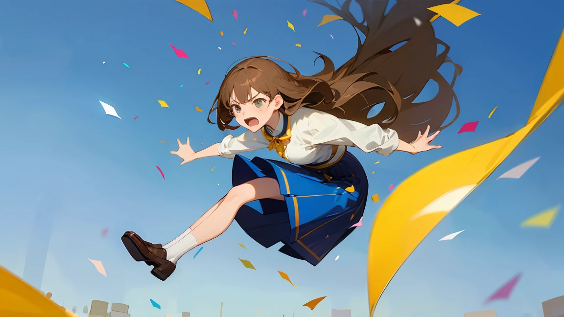 ((Highest quality)), ((masterpiece)), ((Very detailed)),Floatingする女の子,Angry expression,floating,Floating,Confetti,Brown Hair,tears,Levitating,Blue sky background,Feet in the air,tears,gravity,Long skirt,loafers,Raise both hands