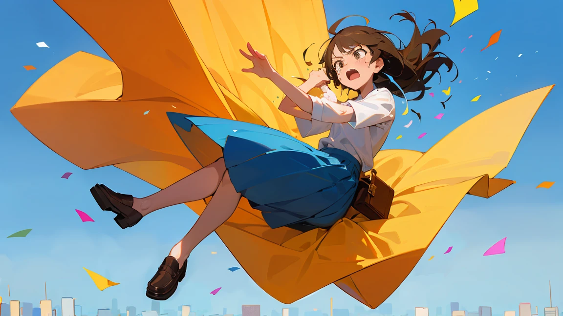 ((Highest quality)), ((masterpiece)), ((Very detailed)),Floatingする女の子,Angry expression,floating,Floating,Confetti,Brown Hair,tears,Levitating,Blue sky background,Feet in the air,tears,gravity,Long skirt,loafers,Raise both hands