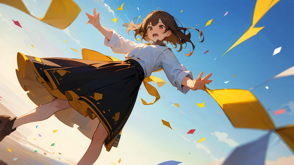 ((Highest quality)), ((masterpiece)), ((Very detailed)),Floatingする女の子,Angry expression，floating，Floating，Confetti，Brown Hair,tears,Levitating,Blue sky background,Feet in the air,tears,gravity,Long skirt,loafers,Raise both hands