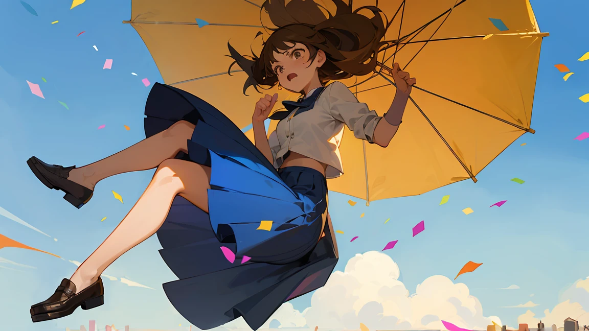 ((Highest quality)), ((masterpiece)), ((Very detailed)),Floatingする***,Angry expression，floating，Floating，Confetti，Brown Hair,tears,Levitating,Blue sky background,Feet in the air,tears,gravity,Long skirt,loafers,Raise both hands