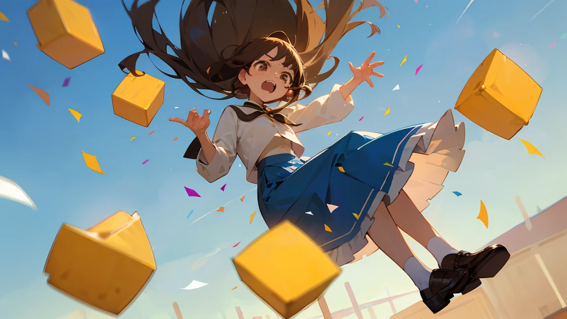 ((Highest quality)), ((masterpiece)), ((Very detailed)),Floatingする女の子,Angry expression，floating，Floating，Confetti，Brown Hair,tears,Levitating,Blue sky background,Feet in the air,tears,gravity,Long skirt,loafers,Raise both hands
