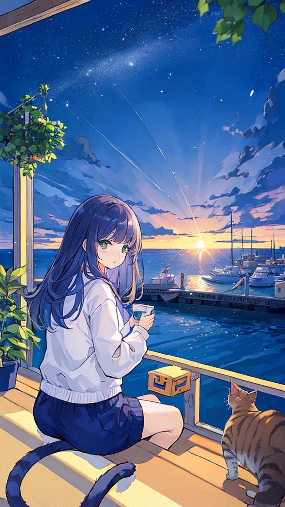 ((Cat))、Seaside town、In 8K、Large file size、 Overlooking the cityscape、Midnight,detailed、pastel colour、shooting star、ripple,Long Hair