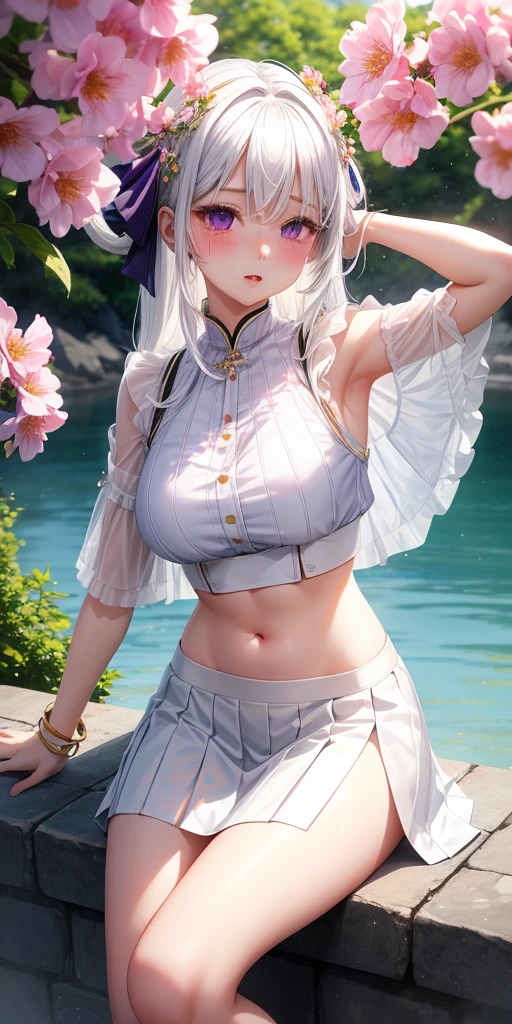 realisticlying、女の子 1 人、white  hair、Purple eyes、radiant eyes、croptop、skirt by the、Parted lips、red blush、natta、florals、suns、sunlights、A sexy