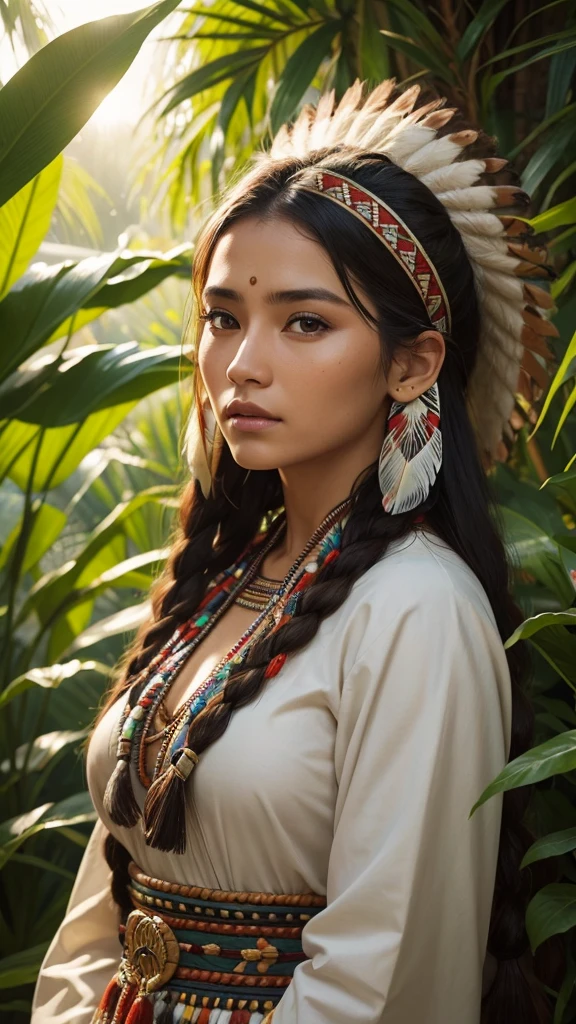 Very beautiful native american woman, traditional cloths, Sharp focus, hyper realistic, evening sunshine, jungle, close-up,
