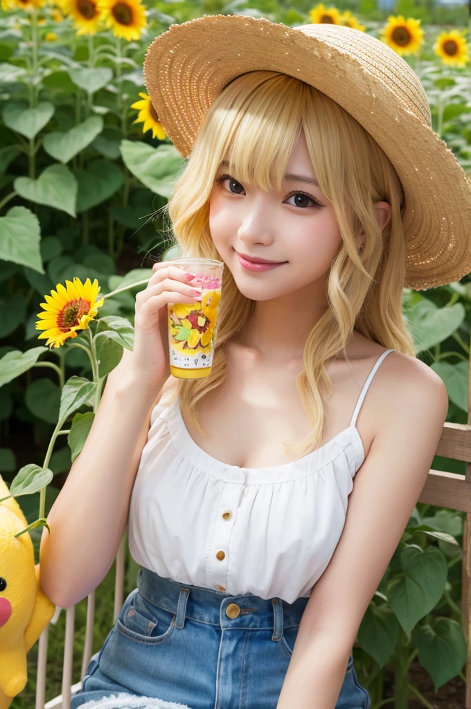 Sunflower Long blonde Pikachu Straw hat Cream soda