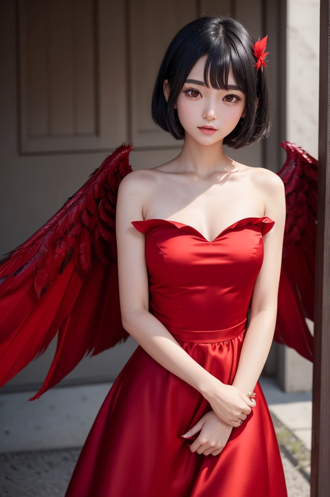 imagine a girl with black hair with a red front, emu has brown eyes, and short hair down to her shoulders, wears a red satin dress and has fairy wings