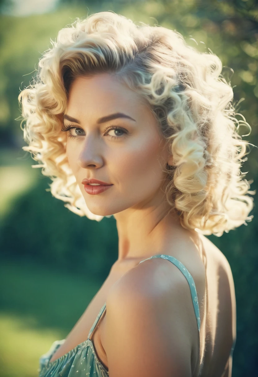 19th century photo, deep focus, vintage film grain, color correction retro style, soft lighting, landscape with tone, from behind, a photo of a beautiful woman, blonde hair, perm hairstyle, skinny, athletic, medium breasts, short dress,