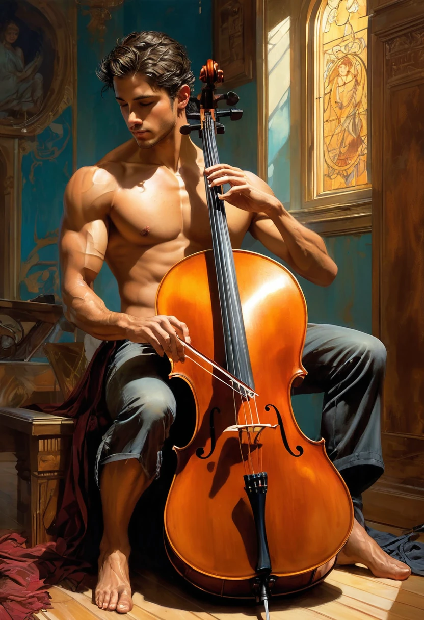 fullbody, A  young, latino, handsome,  shirtless, pantless, barefoot, fullbody, athletic fitness toned body, sitting playing a cello, symbolizing a timeless connection between past and future. vibrant colors. vibrant colors, MASTERPIECE by Aaron Horkey and Jeremy Mann, masterpiece, best quality, Photorealistic, ultra-high resolution, photographic light, illustration by MSchiffer, fairytale, Hyper detailed