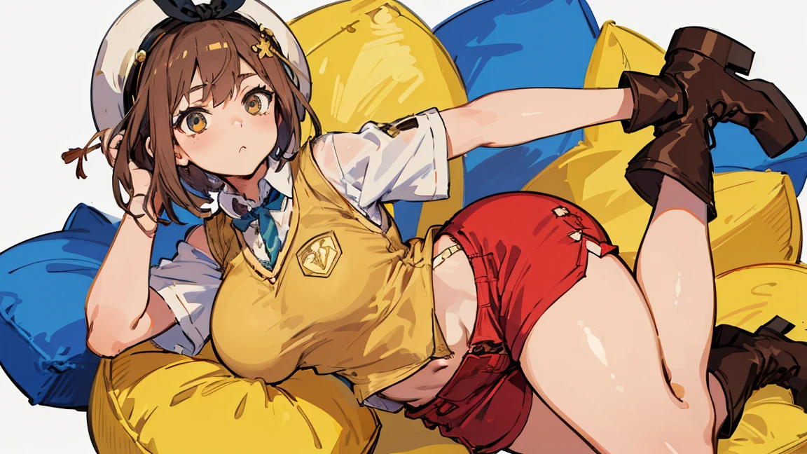 (Highest quality, 8K, masterpiece :1.3),Lizaリン・シュタウト(Lizaのアトリエ),Liza,Plump, One woman,Large Breasts,short hair,Brown Hair,hair band,Clothing,hat,White shirt,Yellow and white vest,Red shorts,Brown long boots,Big Ass,