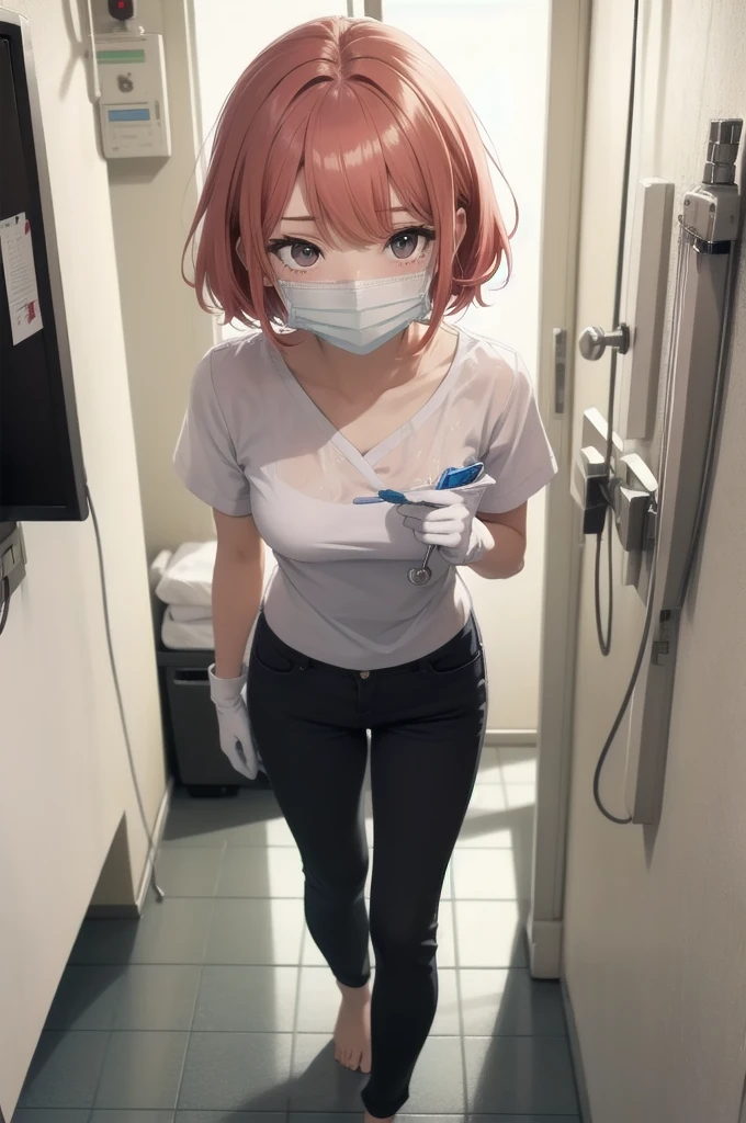 Beautiful young woman, Anime Style, Detailed face, Redhead, Wet Hair, Big eyes, pinkの目, Delicate features,One Girl, alone, nurse, pink, White gloves, Very short hair, Orange Hair, ((White surgical mask, Covered Nose)), ((Hospital room)), Sharp contours, Short sleeve, Tomboy, boyish, Highest quality, masterpiece、No hat、erotic、sexy、Masturbation、pants、pinkローター、barefoot、Thighs、Nice face、Embarrassed face、Hospital roomのベッド、Half naked、Are standing、Trying to pee、Urinating