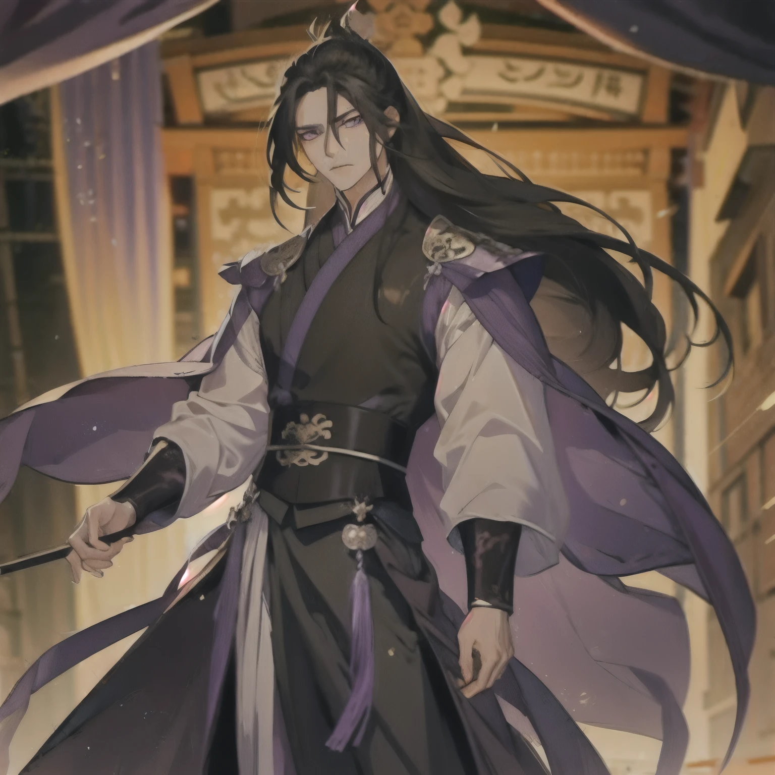 (masterpiece, best quality:1.2), 1male, solo, jiang cheng, mo dao zu shi, mdzs, purple and black clothes, purple eyes, long black hair, perfect anatomy, full body