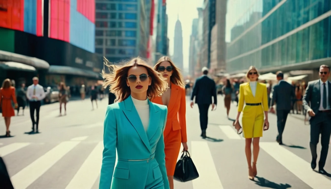 Middle ground camera view of many kind of beautiful people are walking on the street.Females are wearing very sexy short dresses and deep cleavaged futuristic fashion clothes in many different colors from the light pastel to a vivid and fluorescent colors. Males are wearing suits or t-shirt with blue jeans. They are walking in a pedestrian street in a megacity at morning time. DYNAMIC COMPOSITION, The people have photorealistic faces and bodies, intricate detailed facial features, perfect eyes and mouthes and skins with real human hands and highly detailed hair blown in the wind, rule of thirds.Different styled buildings cover the side of the futuristic street, the natural light of the sun illuminates at daytime. Bustling megacity with many skyscrapers in the background, Natural lights, neutral colors, lomochrome, vintage color tones, dramatic, dynamic composition.Lifelike textures, sharp focus, depth of field, cinematic lighting, Contrast lighting, volumetric lighting, best shadows,Realism, Cinematic, Photoreal, 35mm film, Screengrab a Super Panavision film, in color. best quality , hdr, uhd, 8k, analog camera shot.