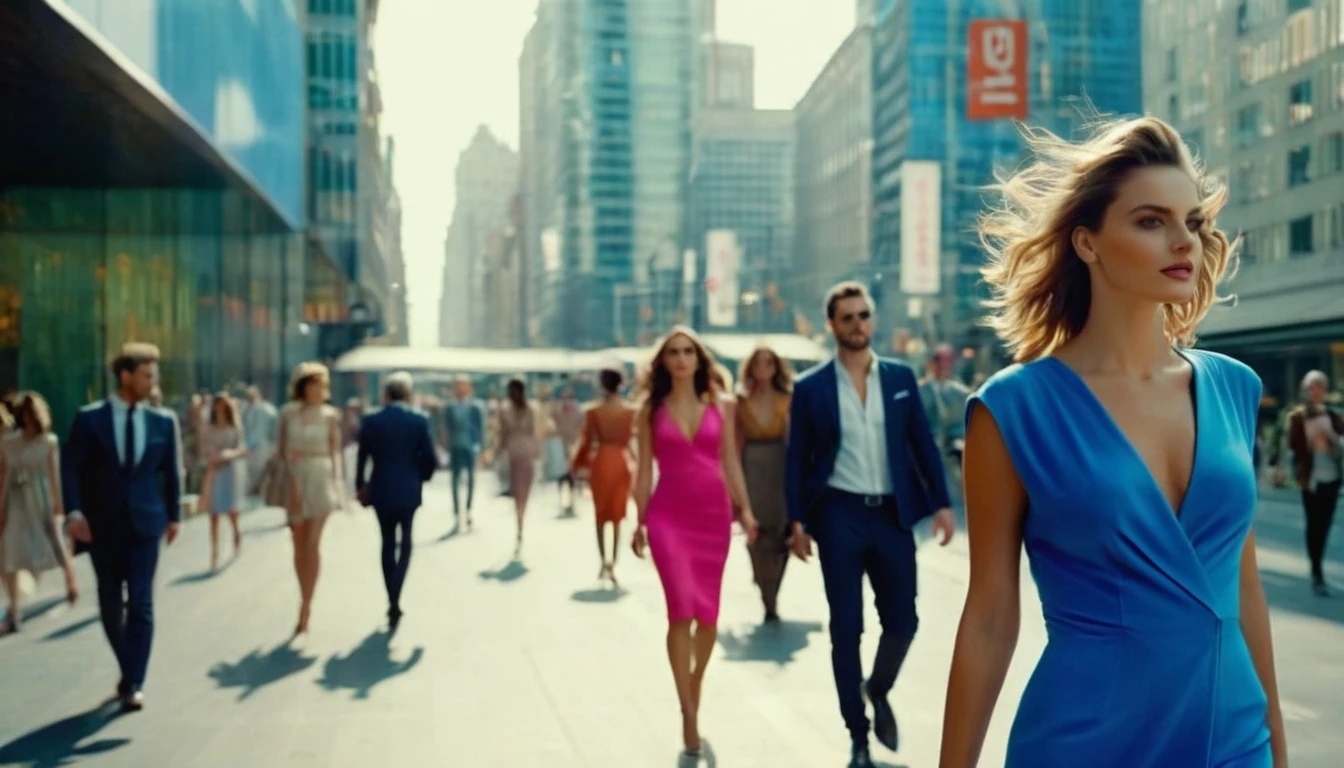middle ground camera view of many kind of beautiful females walking on the street wearing very sexy short dresses and deep cleavaged futuristic fashion clothes,In the background (((there are big garbage mounds on the street and many full trash cans))). TThey are walking in a pedestrian street in a megacity at morning time. Males are wearing suits or t-shirt with blue jeans. the people have photorealistic faces and bodies, different detailed facial features, perfect eyes and mouthes and skins with real human hands and hair blown in the wind, rule of thirds.Different styled high tech futuristic buildings cover the side of the  street, the natural light of the sun illuminates at daytime. Bustling megacity with many skyscrapers in the background, Natural lights, neutral colors, lomochrome, vintage color tones, dramatic, dynamic composition.Lifelike textures, sharp focus, depth of field, cinematic lighting, Contrast lighting, volumetric lighting, best shadows,sharp focus, depth of field, movie styled, crystall clear, photorealism, Realism, Cinematic, Photoreal, 35mm film, best quality , hdr, uhd, 8k, 35 mm film, analog camera shot.
