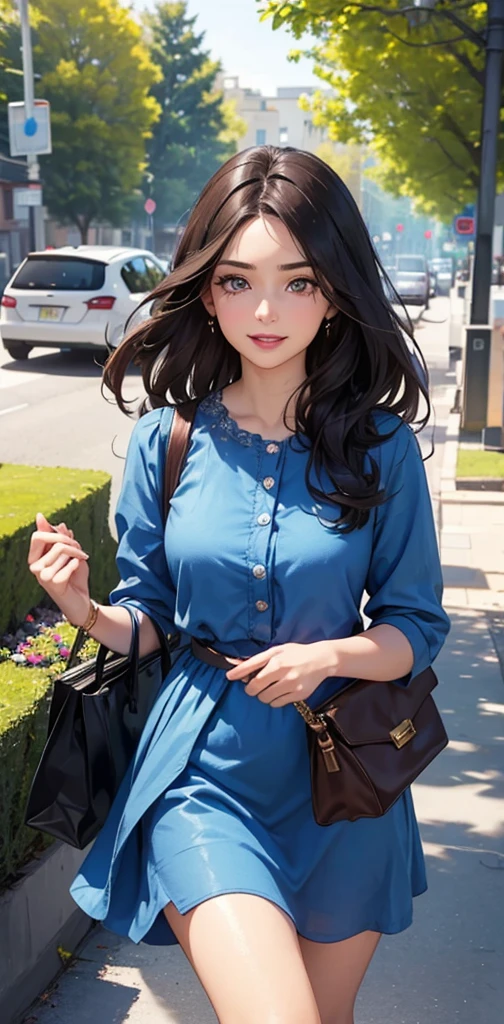 Woman. dark hair. long hair, eyes browns, wearing a blue formal dress, carrying a medium-sized bag with magazines, light pink lipstick, expression of happiness, holding a bible in his right hand, (Friendly expression on the face), (well-detailed face), sunny day, (ultra detaild) ((best qualityer)) Jehovah's Witness, Christian, talking about the Bible (Very detailed hands)